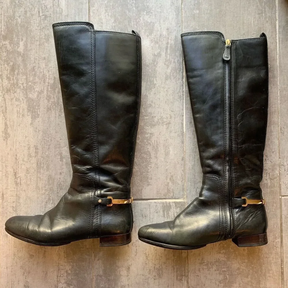 $530 Tory Burch Black Classic Designer Jess Leather Riding Tall Boots Fall 8
